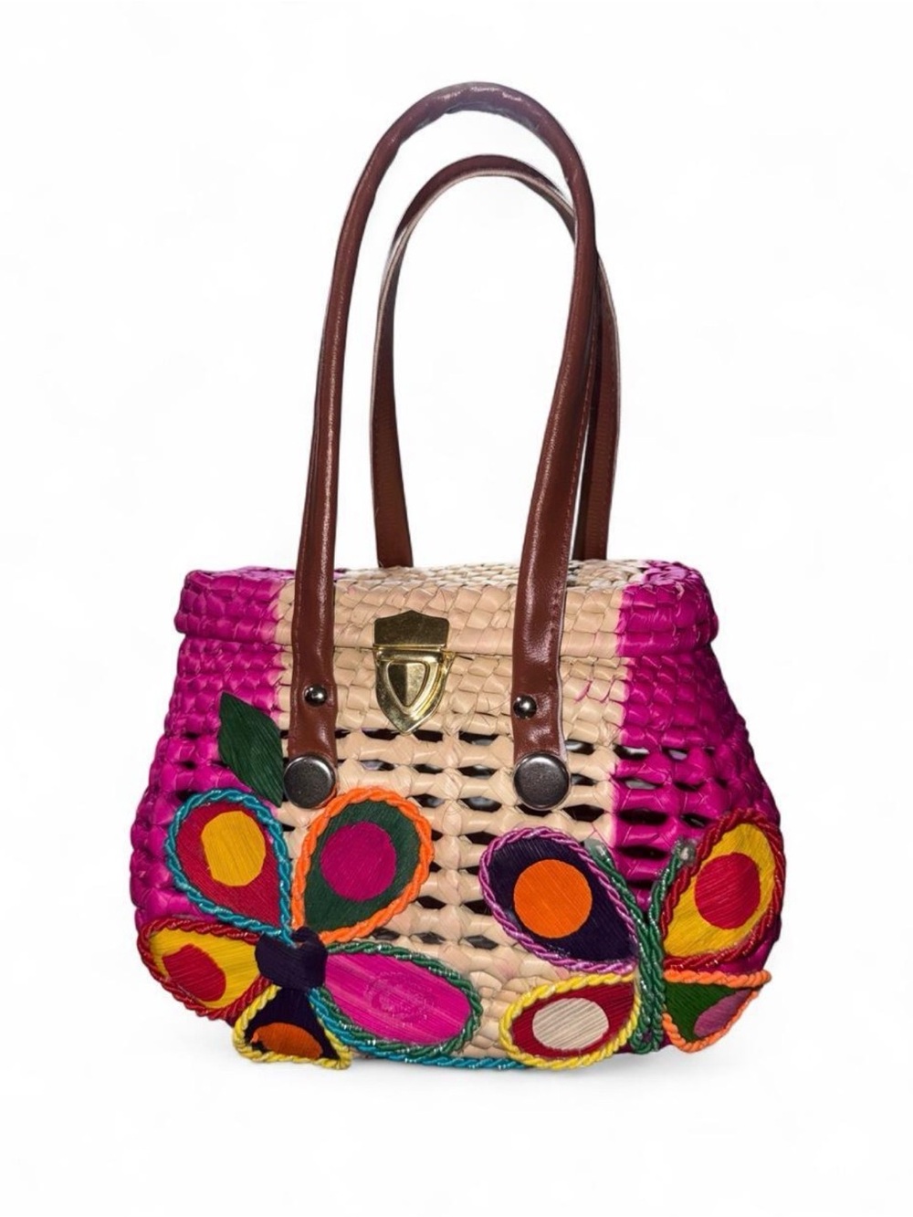Handwoven Pink Floral Tote Bag with Brown Handles